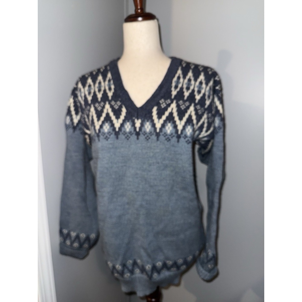 VTG Dale of Norway Pure New Wool Nordic Fair Isle V-Neck Sweater‎ Navy Euro 50 M